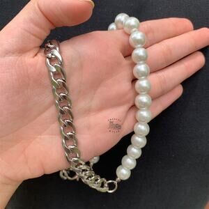 Half Chain Link Half Faux Pearl Necklace – Trendy Y2K Statement Piece